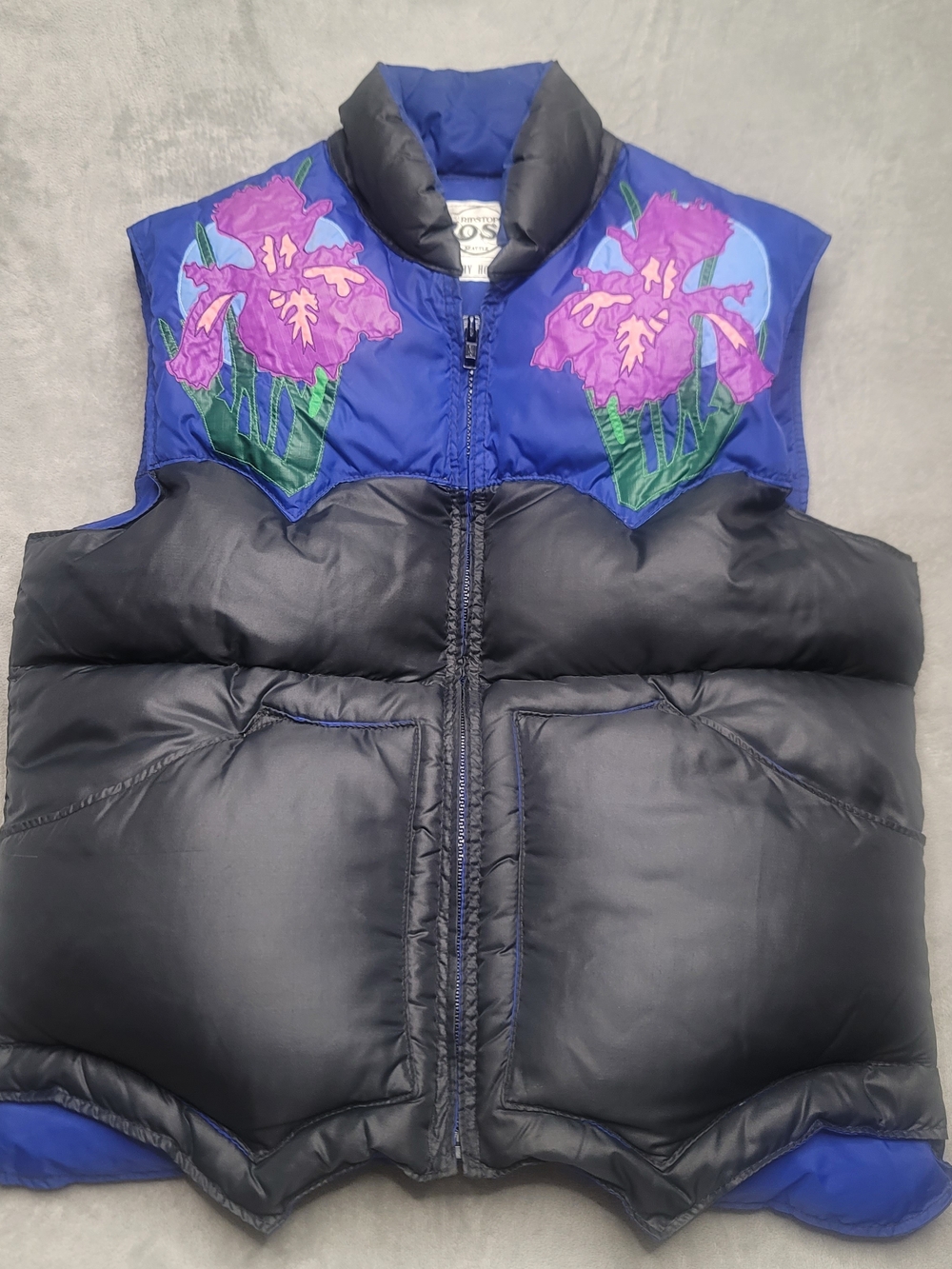 RARE VINTAGE Ripstop Rose Down Puffer Vest Full Zip Floral Iris Applique Sz M